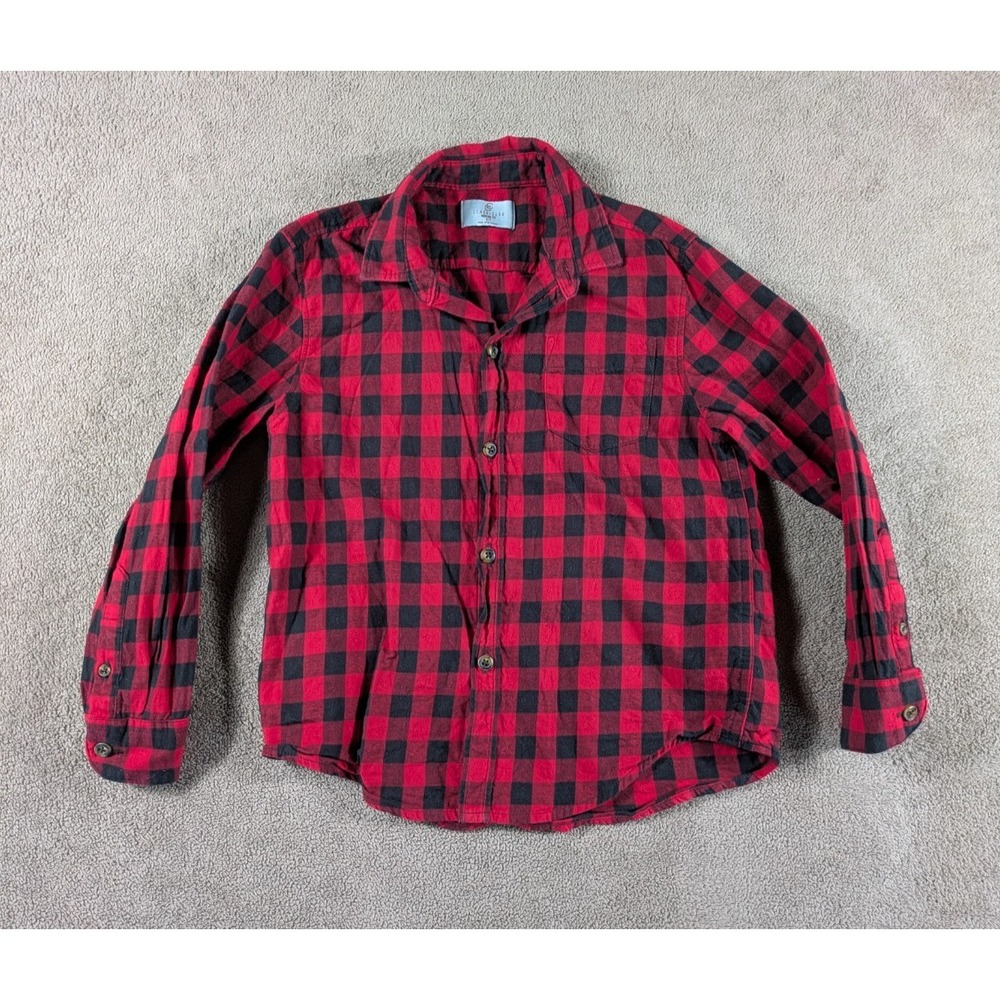 Class Club‎ Flannel Shirt Boys 6/7 Red Black Plaid Cotton Modern Fit Button Up